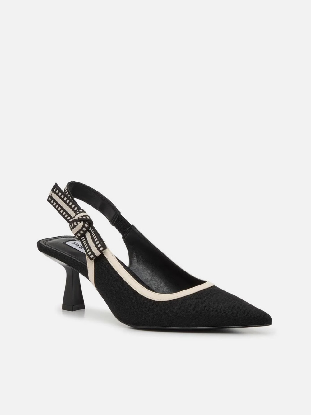 Steve Madden Black Pointed-Toe Slingback Kitten Heel with Cream Trim